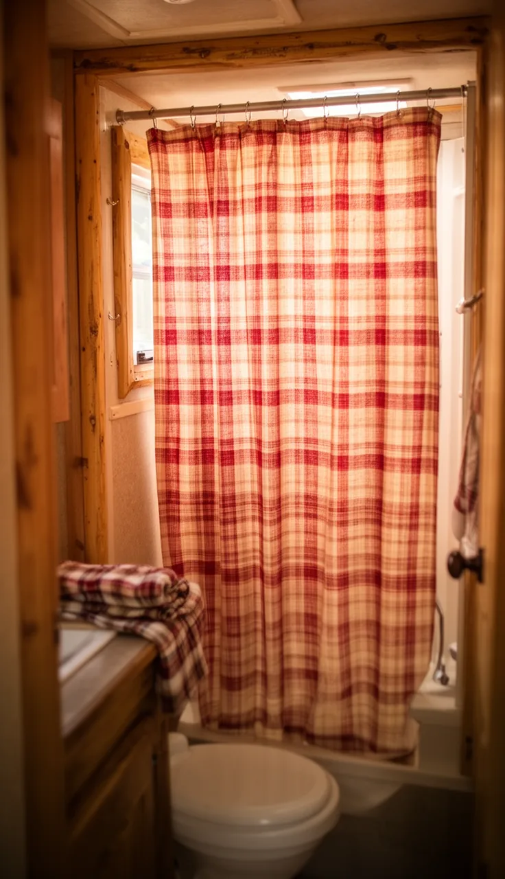 Warm-toned red and cream plaid shower curtain in a cozy cabin-style camper bathroom