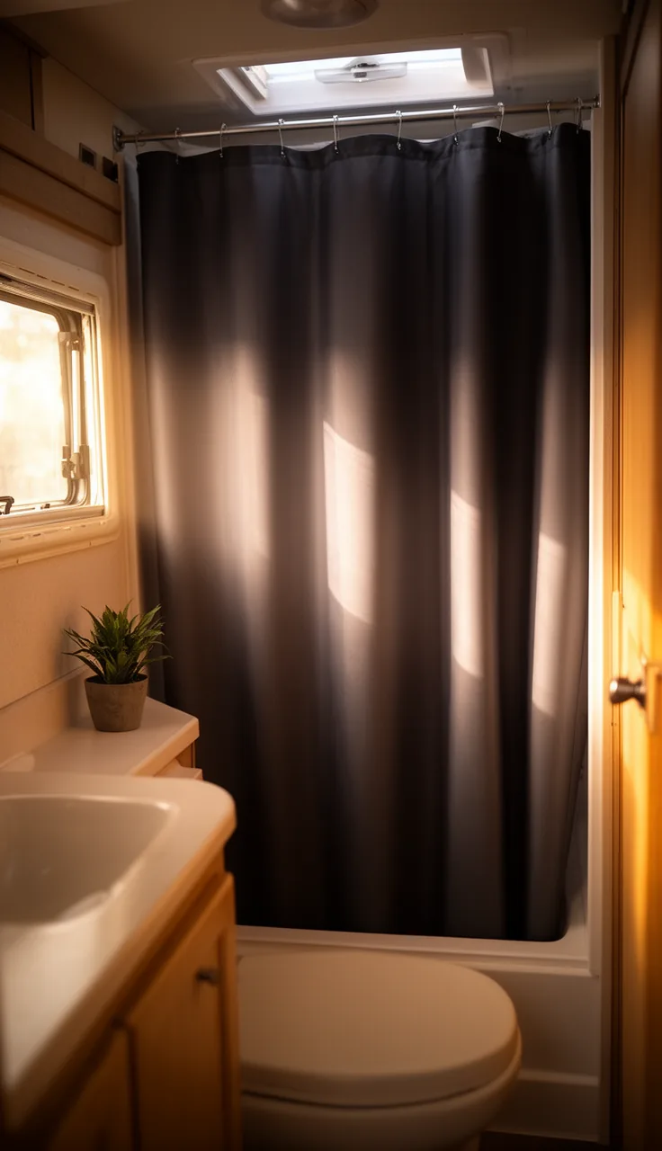 Smooth solid charcoal shower curtain with clean modern lines in a minimalist camper bathroom