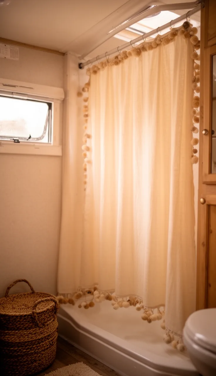 Cream shower curtain with a playful pom-pom fringe trim in a boho camper bathroom
