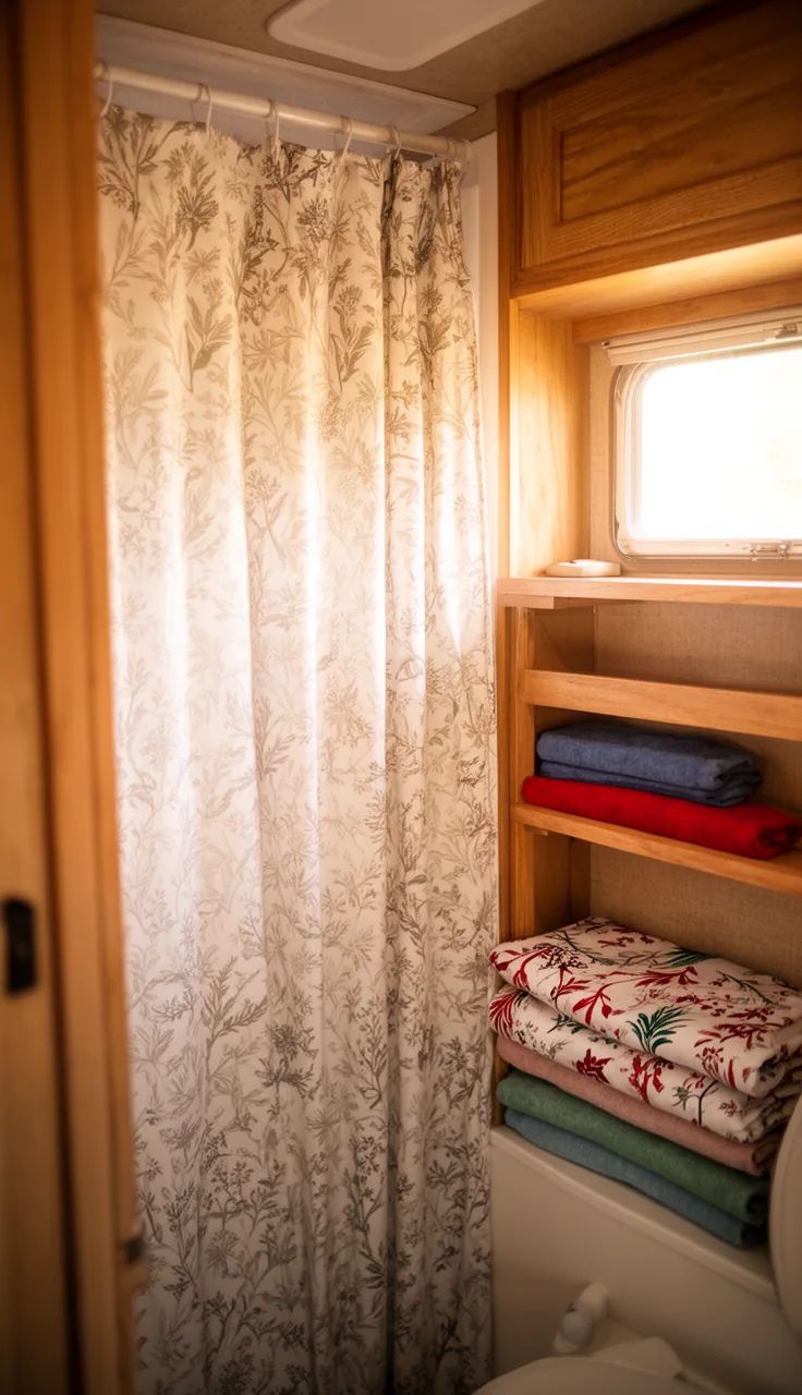 A couple of folded seasonal shower curtains ready to swap in a camper bathroom