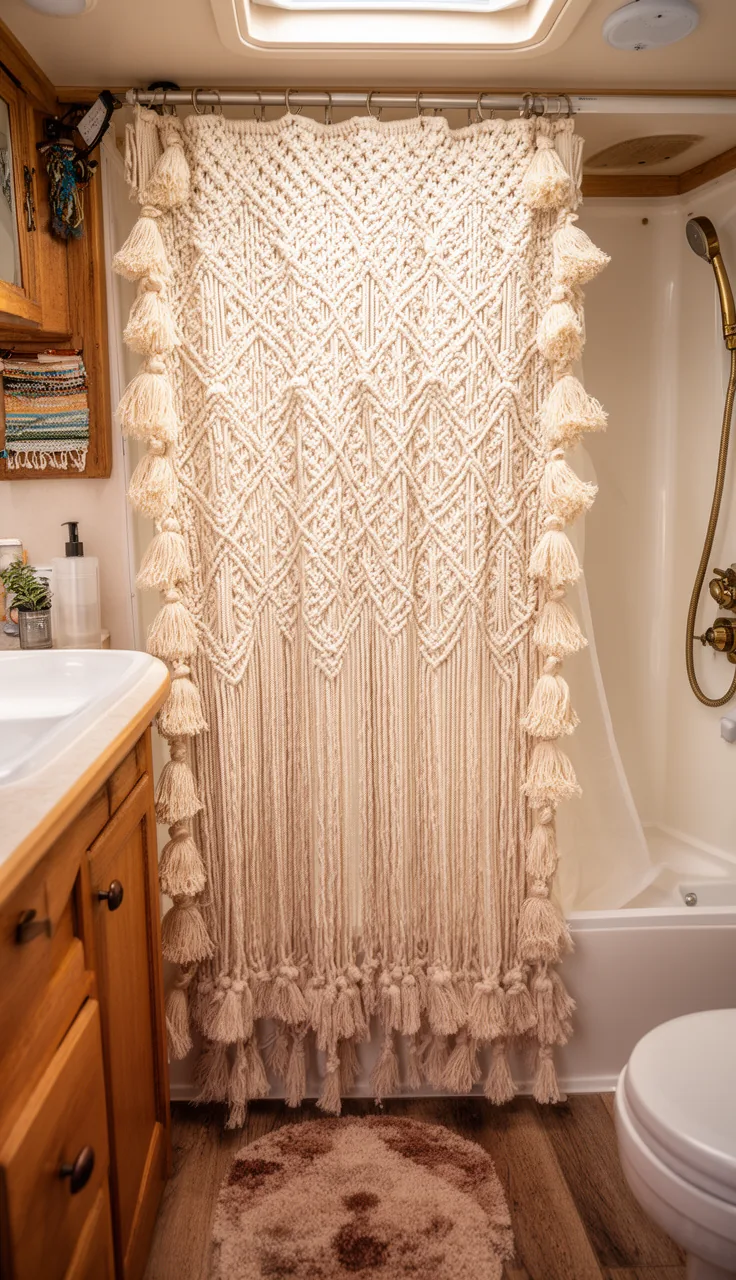 Cream macrame-textured shower curtain with tassels in a boho camper bathroom