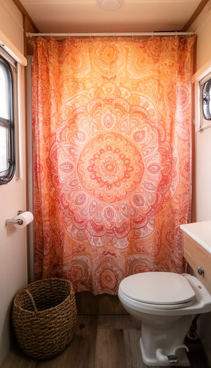 Warm-toned boho mandala shower curtain in a small camper bath