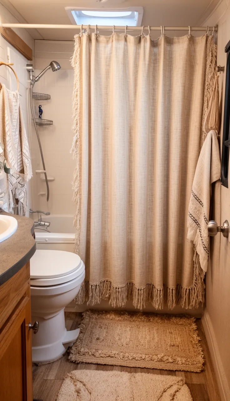 Fringed neutral shower curtain in a cozy boho RV bathroom