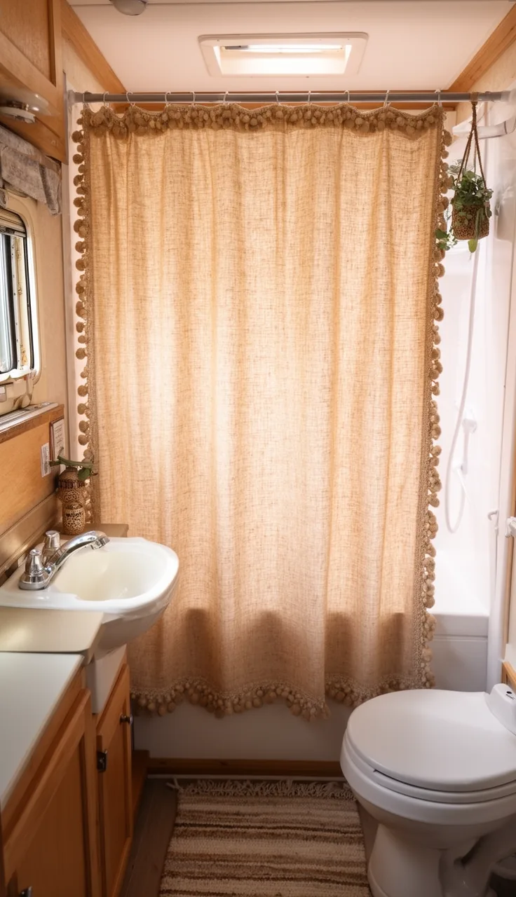 Oatmeal boho shower curtain with pom-pom trim in a tiny camper bathroom