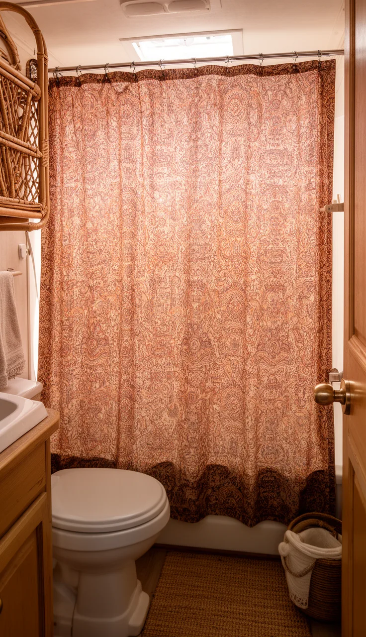 Earthy patterned boho shower curtain in a warm camper bath with rattan accents