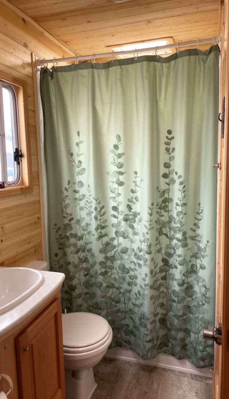Soft sage green shower curtain with eucalyptus in a restful camper bathroom