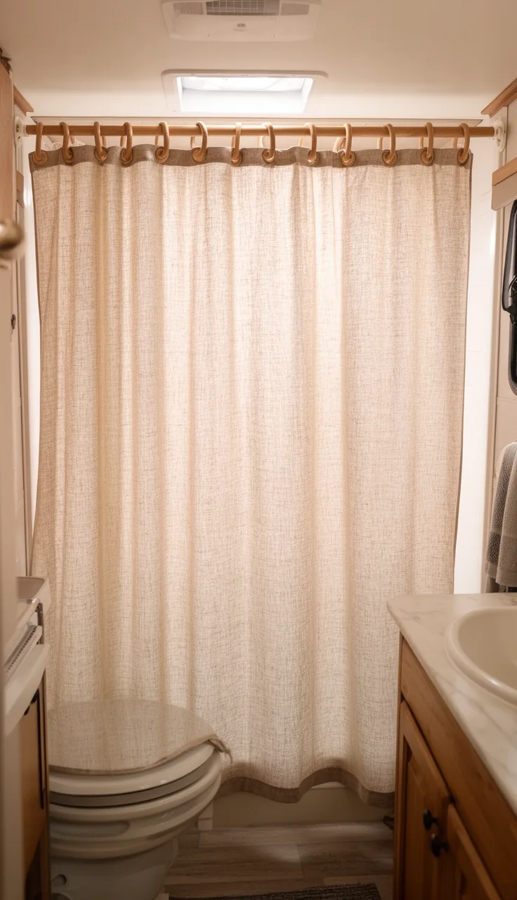 Natural oatmeal linen-look shower curtain with wood rings in a calm camper bath