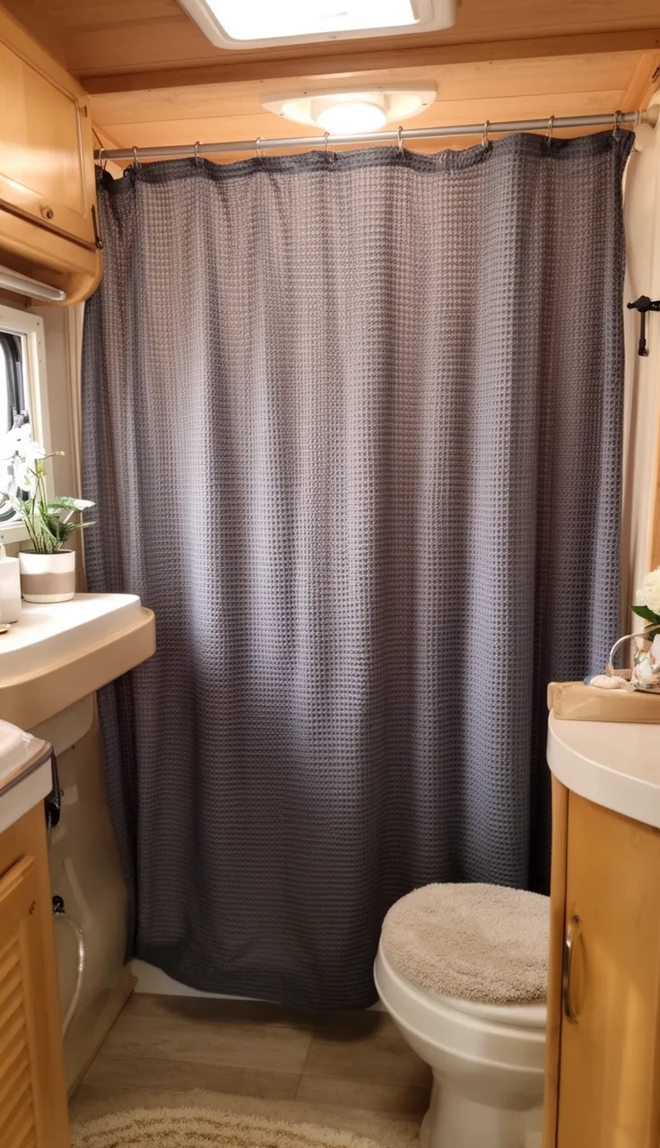 Grey waffle-weave shower curtain in a spa-like small camper bathroom