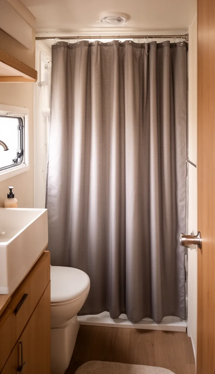 Greige solid shower curtain in a minimalist modern camper bath