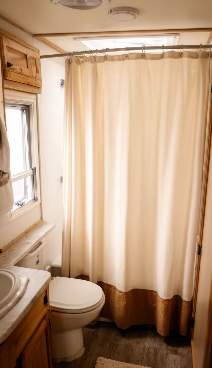 Cream neutral shower curtain with wood accents in a serene camper bathroom