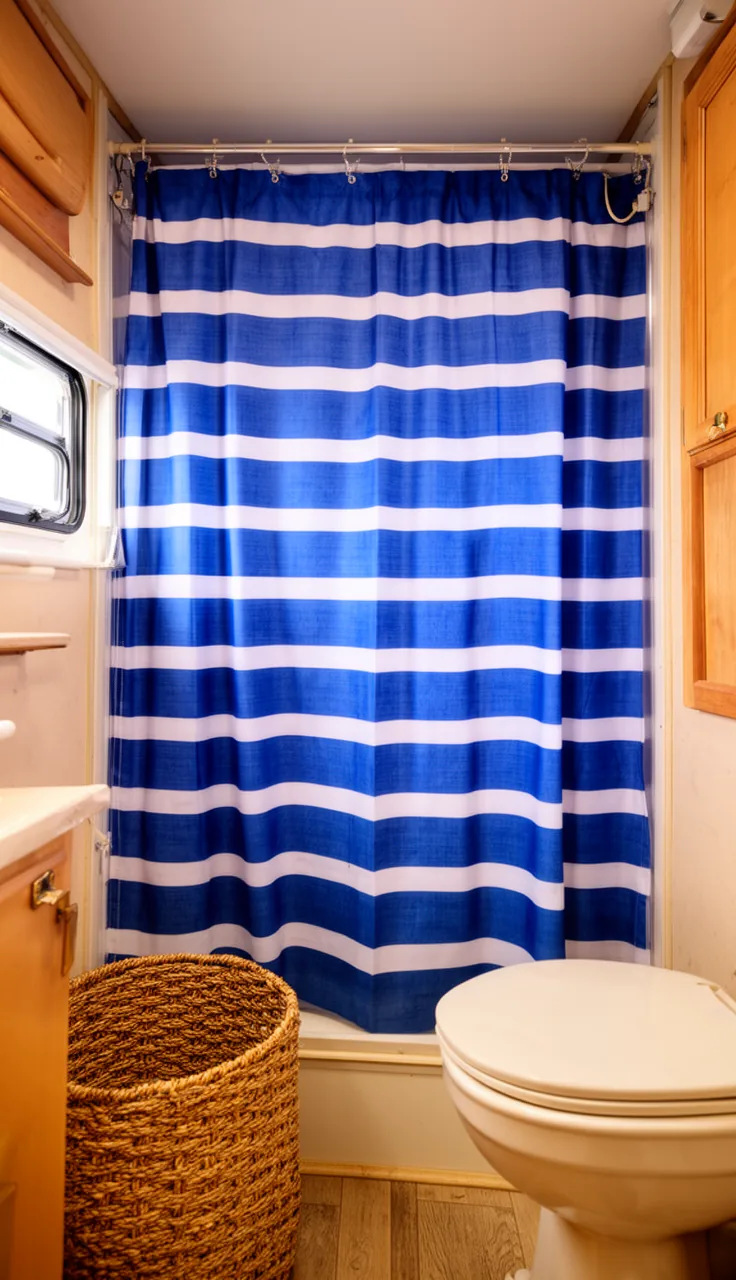 Blue and white striped shower curtain in a small camper bathroom with a woven basket