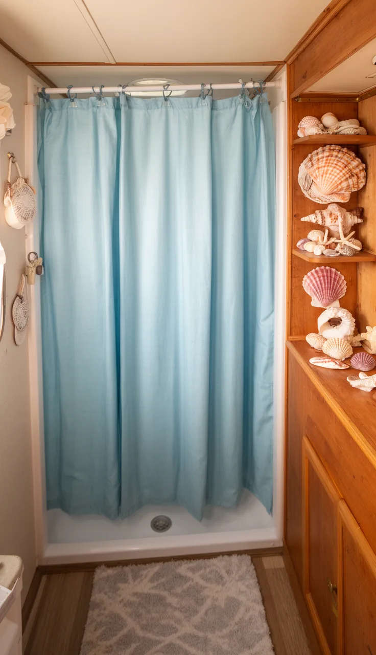 Light blue coastal shower curtain in a tiny RV bath with seashell decor