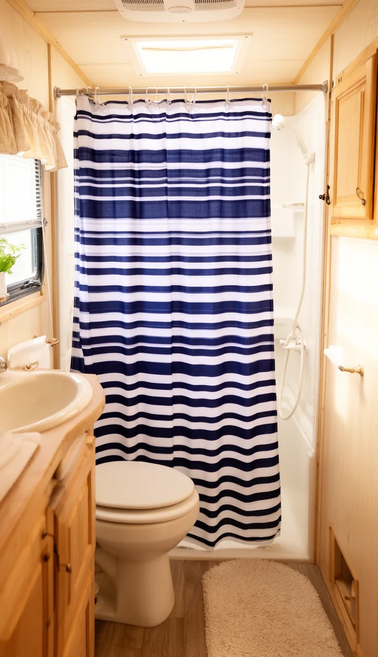 Navy and white stripe shower curtain in a bright breezy camper bathroom