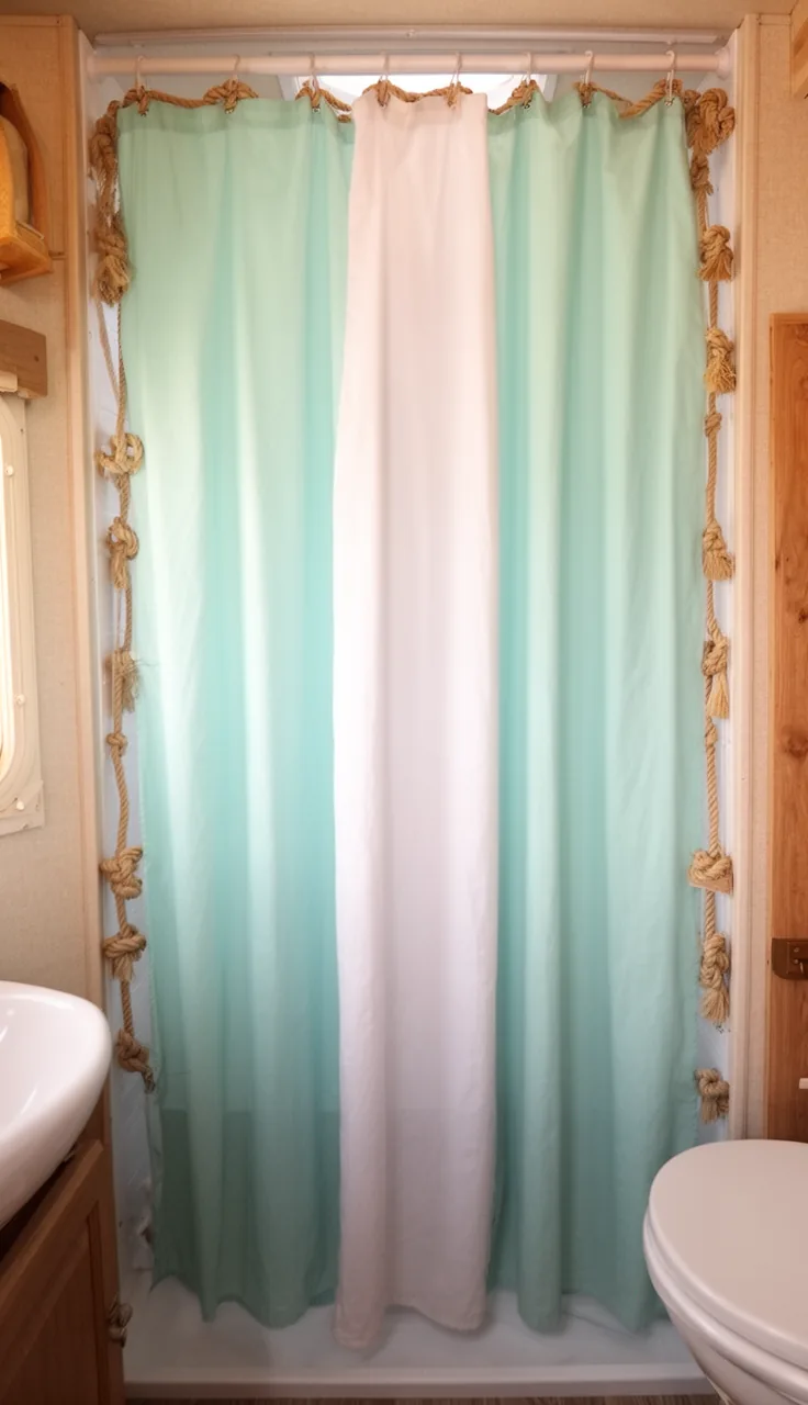 Soft aqua and white shower curtain in a coastal camper bath with rope accents
