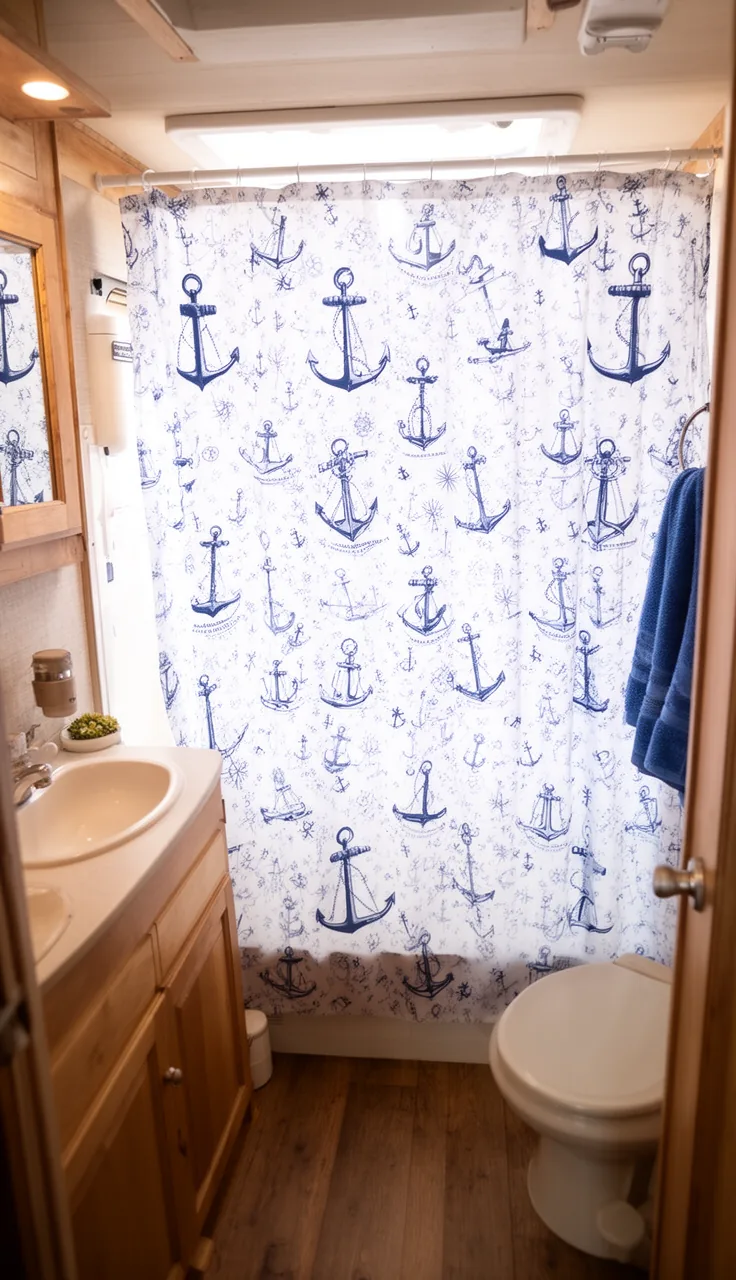 White and blue nautical shower curtain in a cozy small camper bathroom