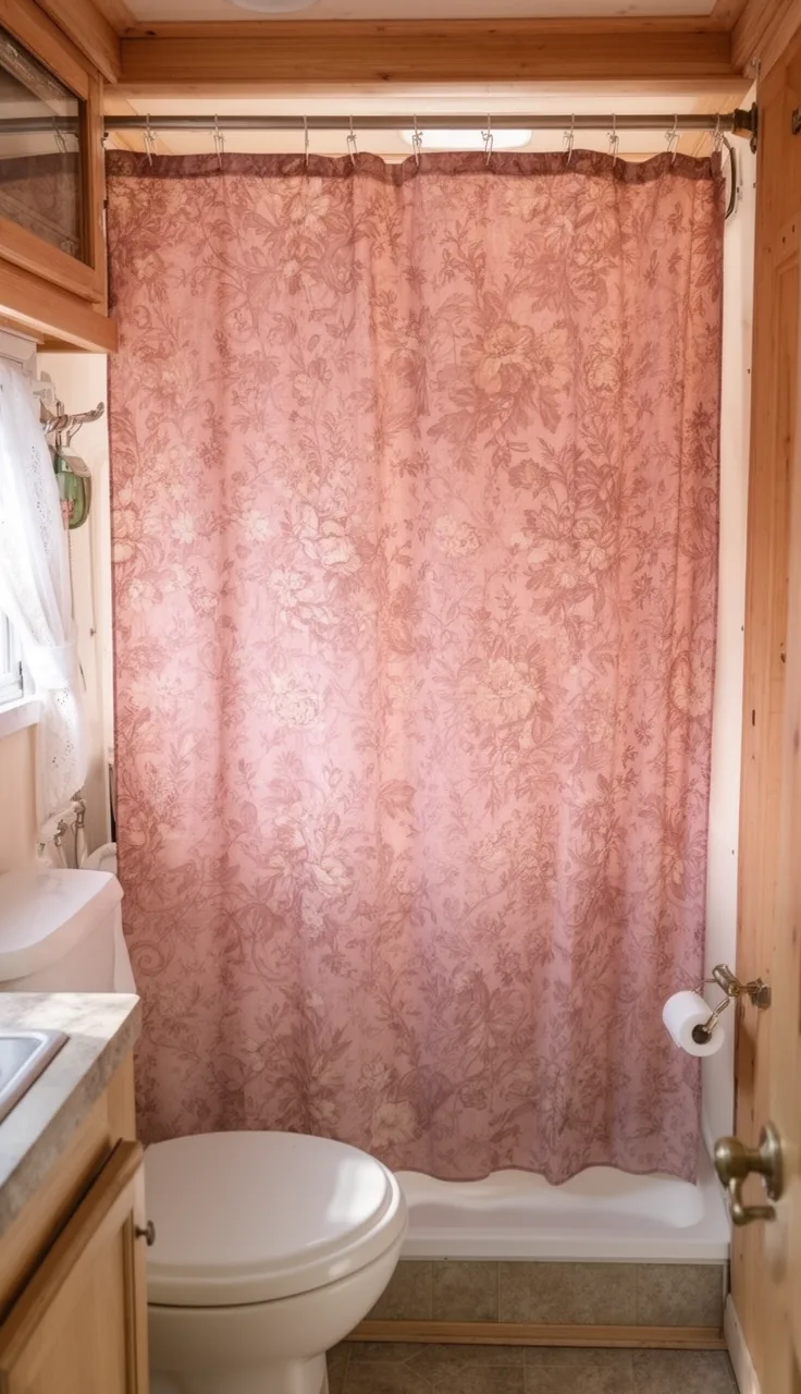 Soft vintage floral shower curtain in dusty rose in a cottage camper bathroom
