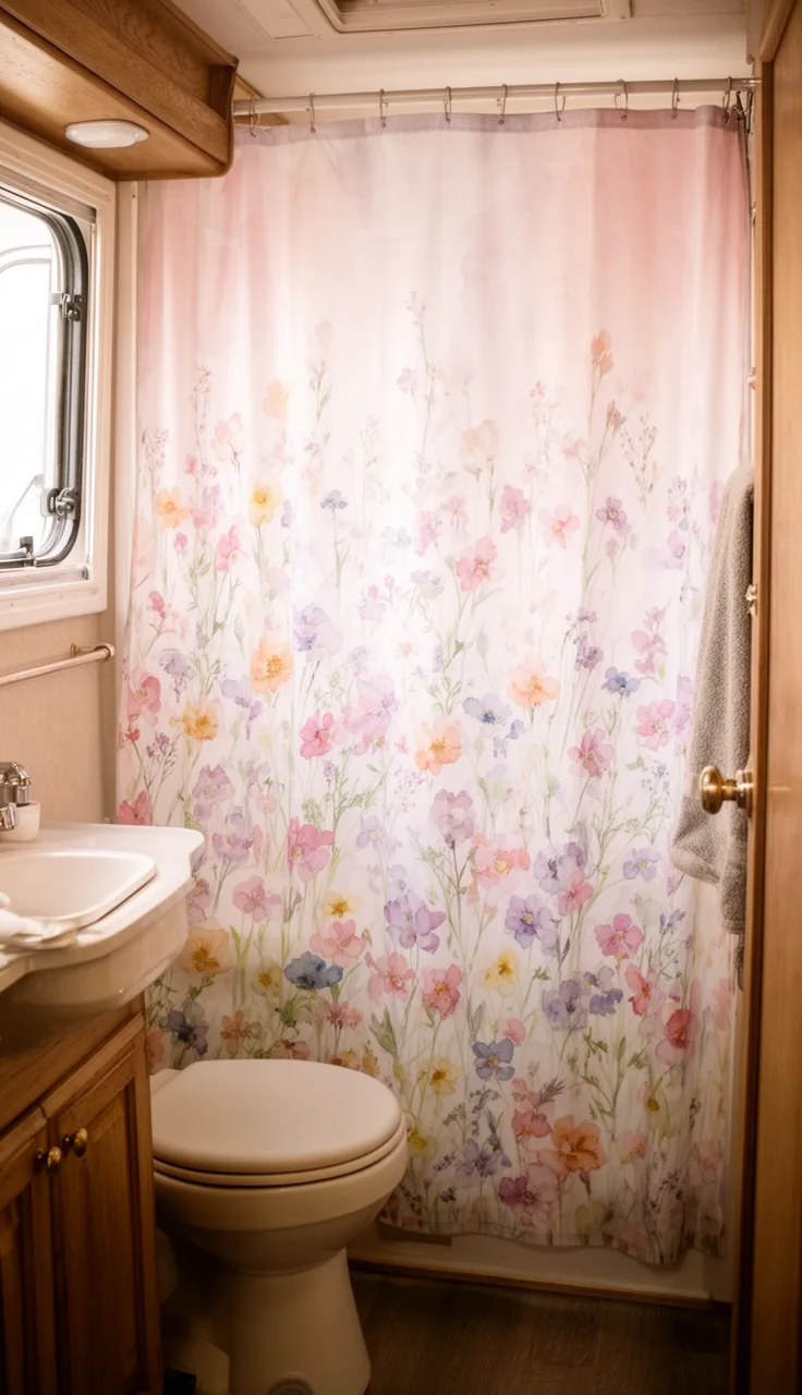 Watercolor wildflower shower curtain in pastel tones in a romantic camper bath