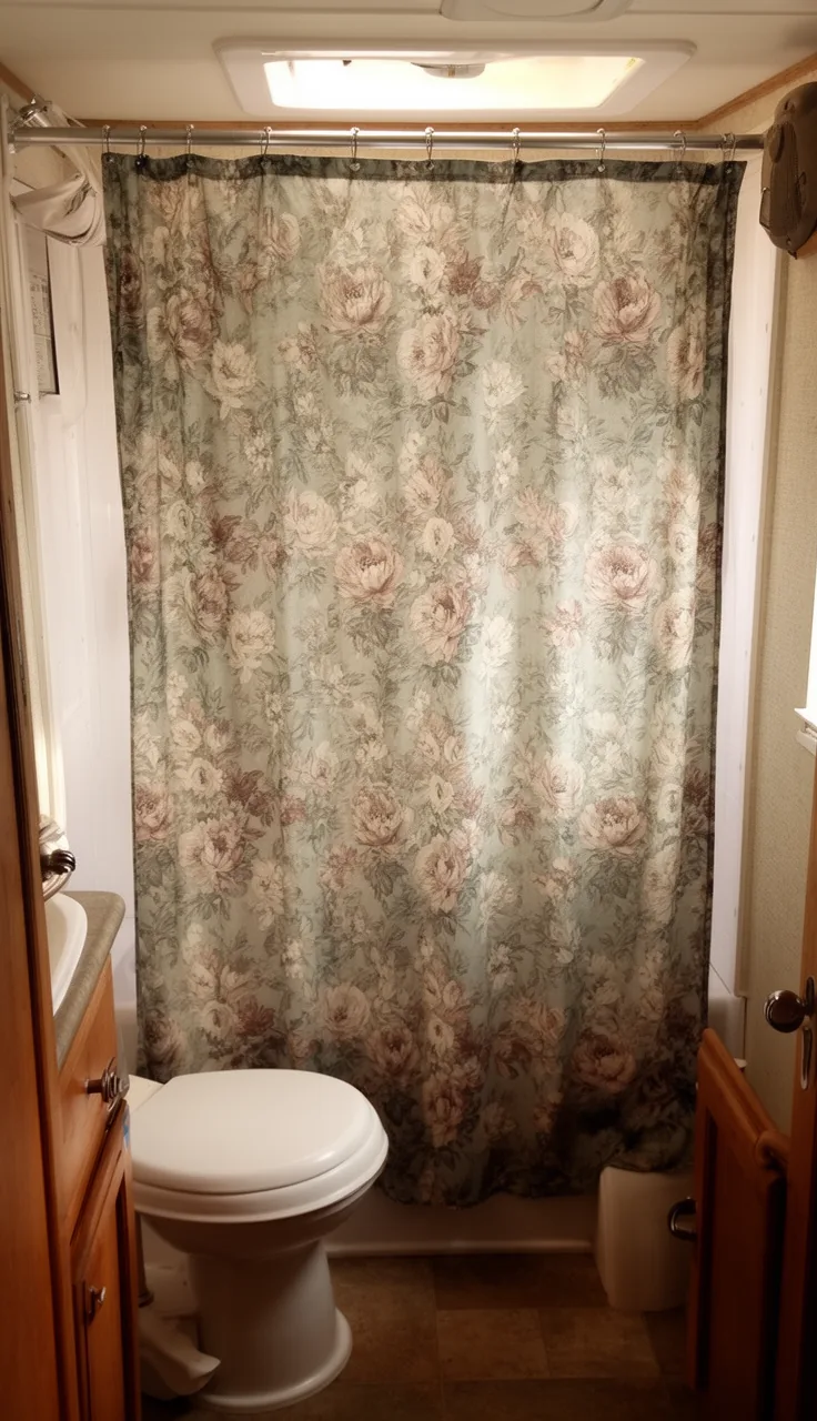 Muted sage and rose floral shower curtain in a small camper bathroom