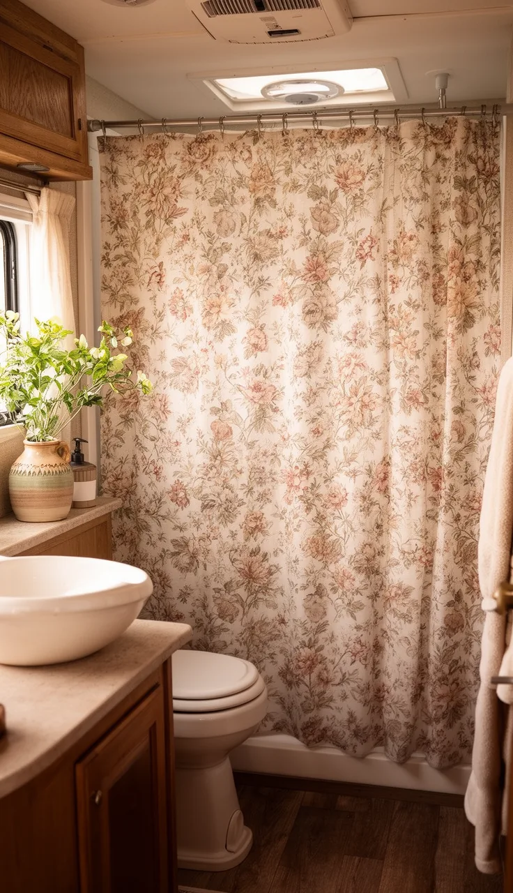 Cottagecore floral shower curtain in a cozy tiny camper bath with ceramic vase