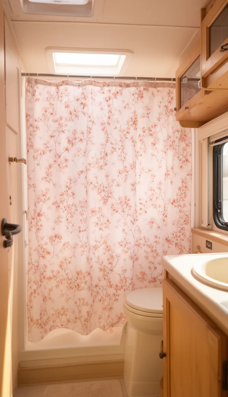 Delicate blossom print shower curtain in a bright airy camper bathroom