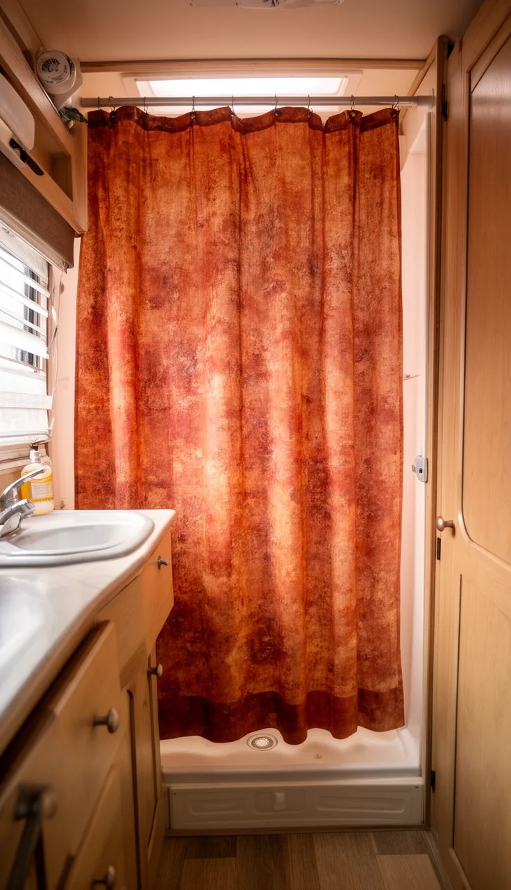 Terracotta and rust shower curtain in a warm desert-style camper bathroom