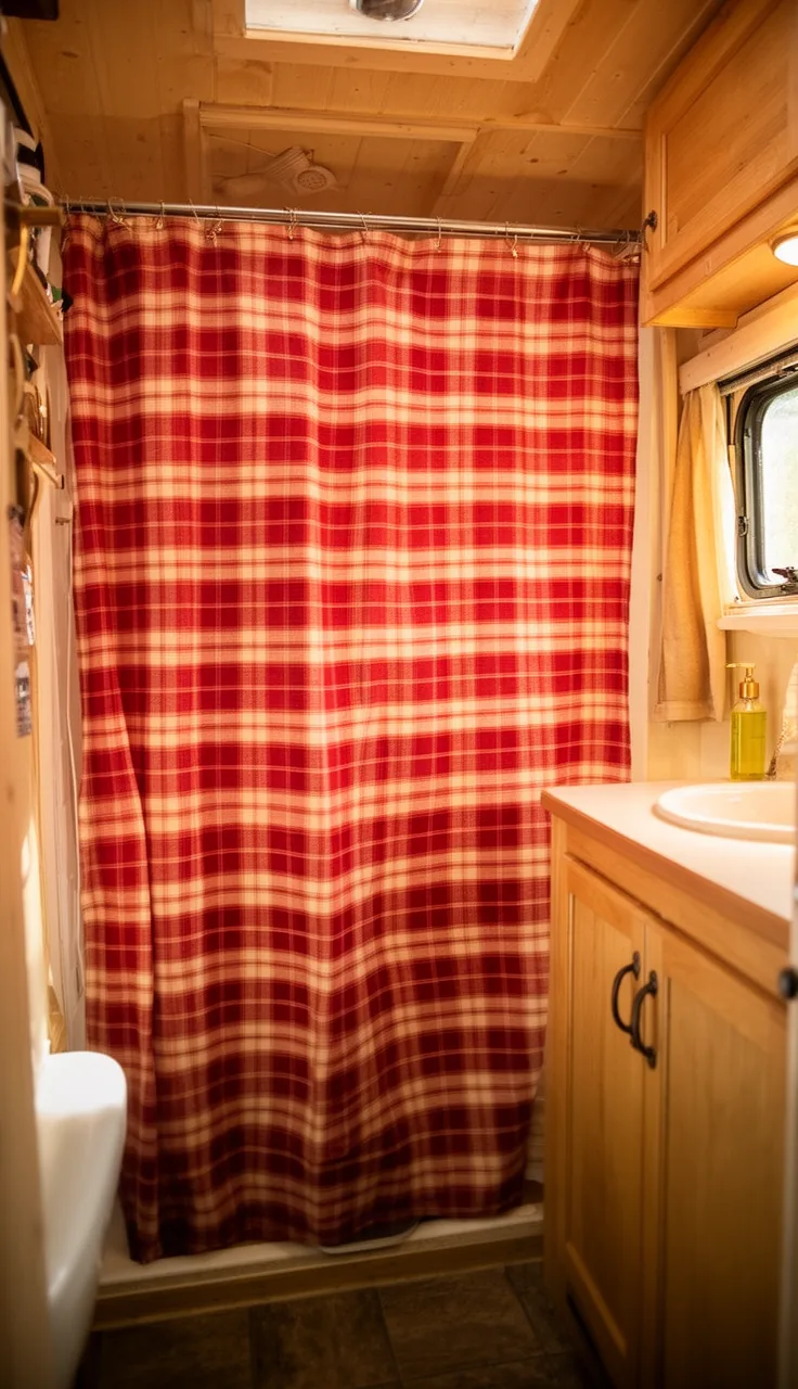 Warm red and cream plaid shower curtain in a cozy cabin camper bath