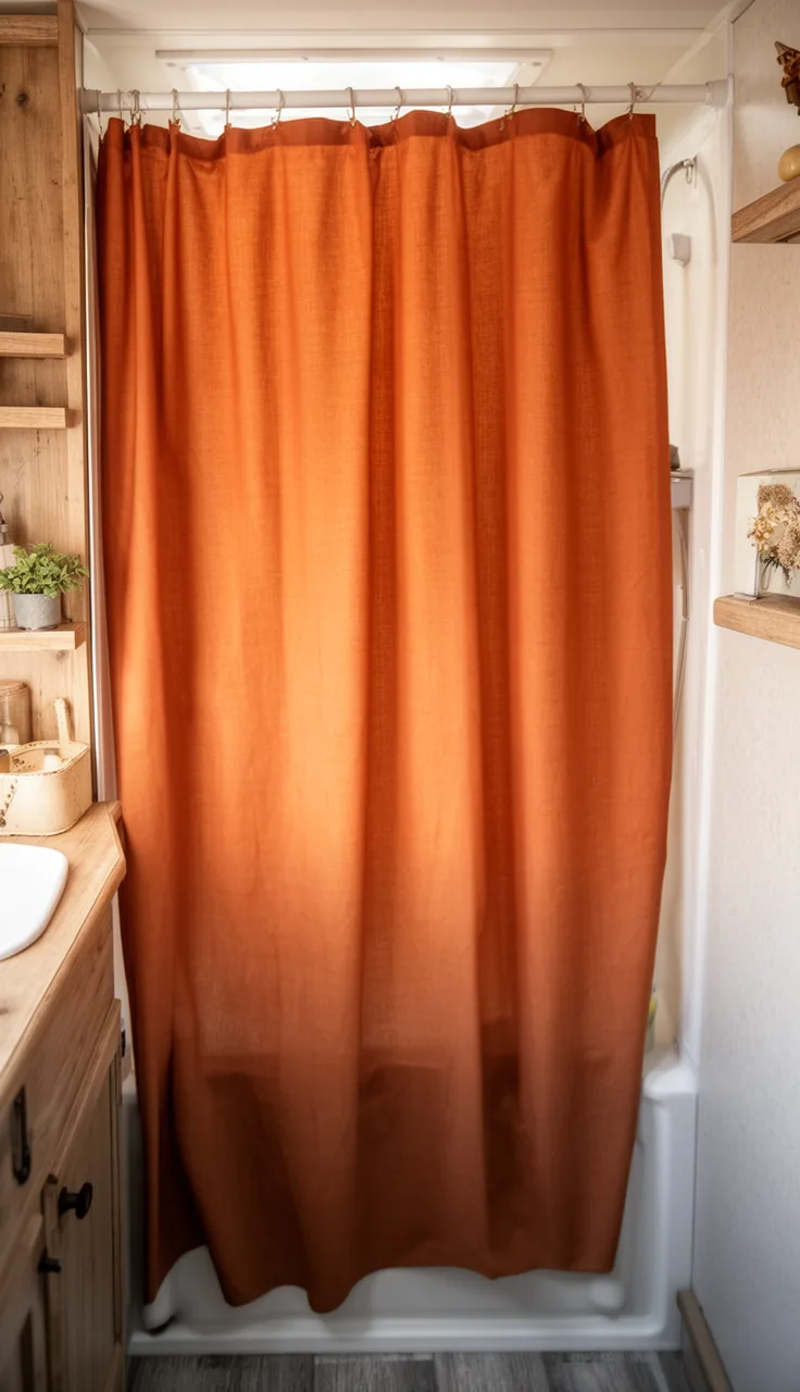 Amber and clay toned shower curtain in a snug camper bathroom with wood shelf