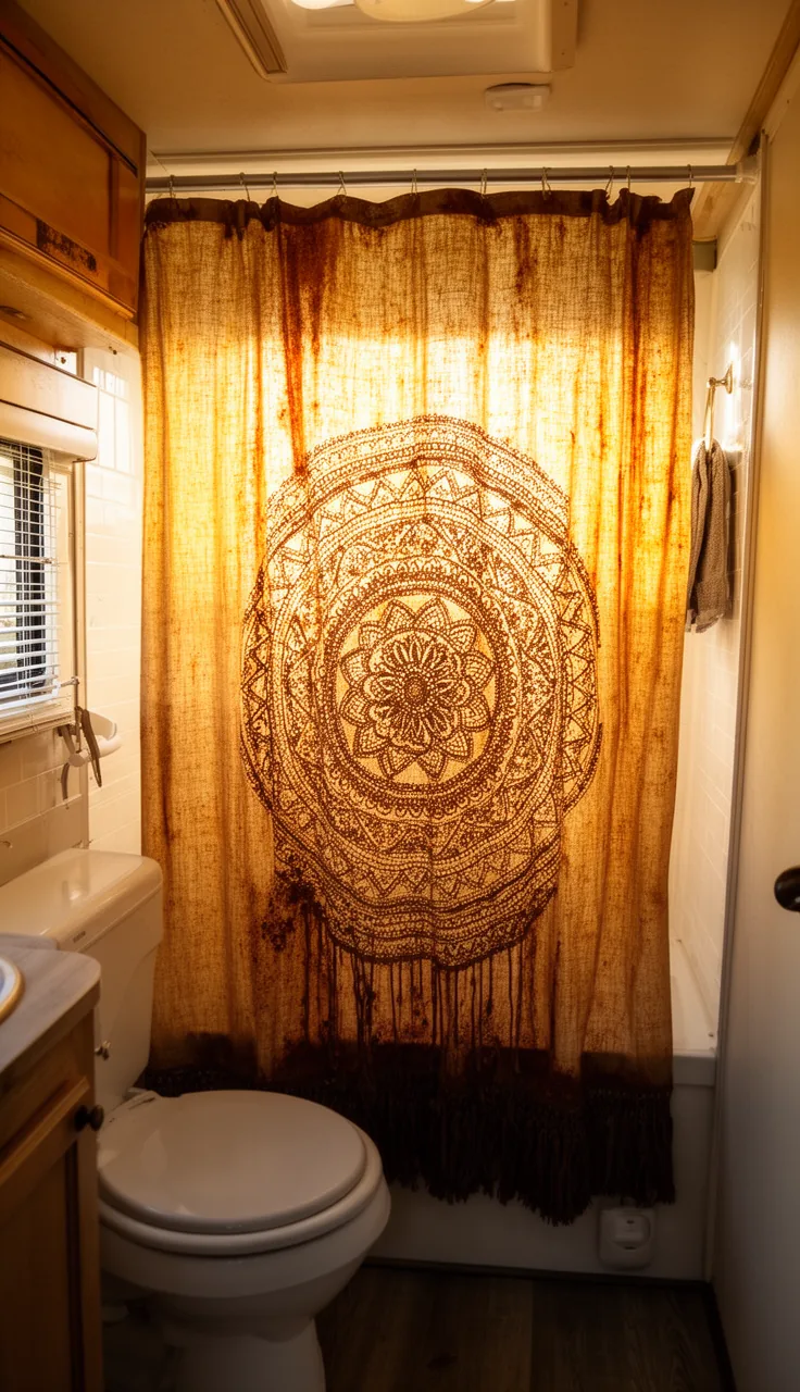 Rust boho shower curtain in a golden-lit small camper bath