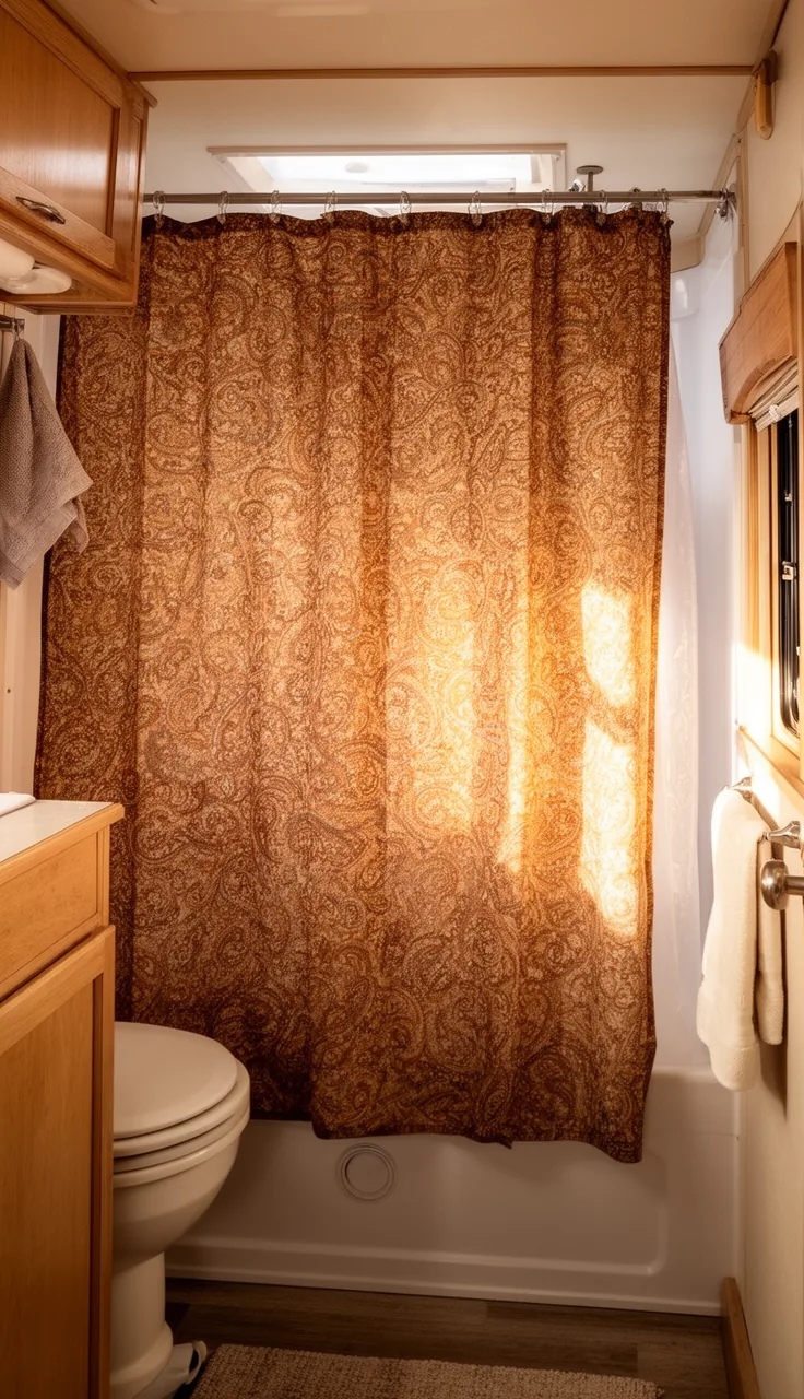 Warm earthy patterned shower curtain in a cozy camper bathroom