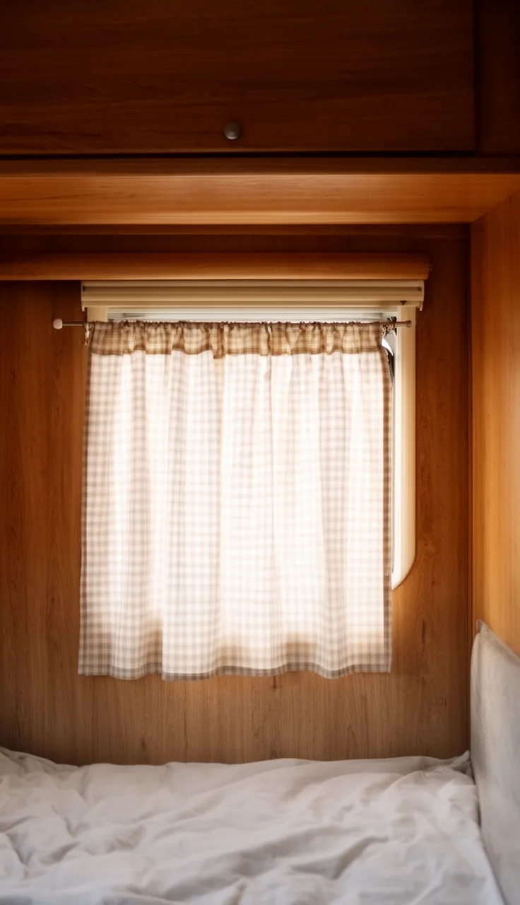 Short cafe curtains on a slim rod covering the lower half of a cozy camper window