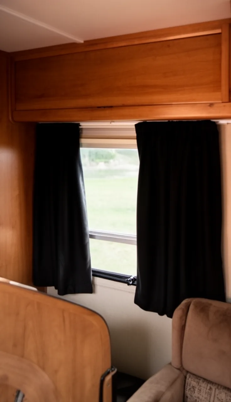 Thick blackout curtains covering a camper bedroom window for a dark restful sleep nook