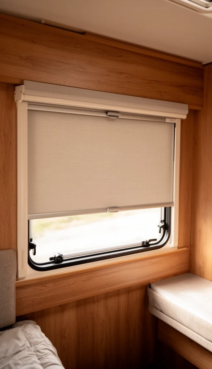Neutral roller blind pulled halfway down a camper window for a clean modern look