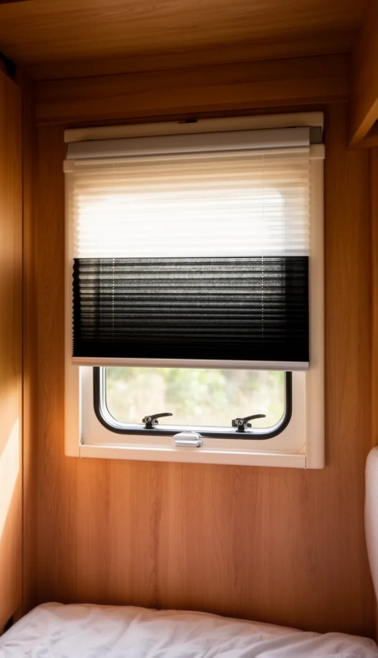 Day-night cellular shade on a camper window with sheer and blackout bands for flexible light