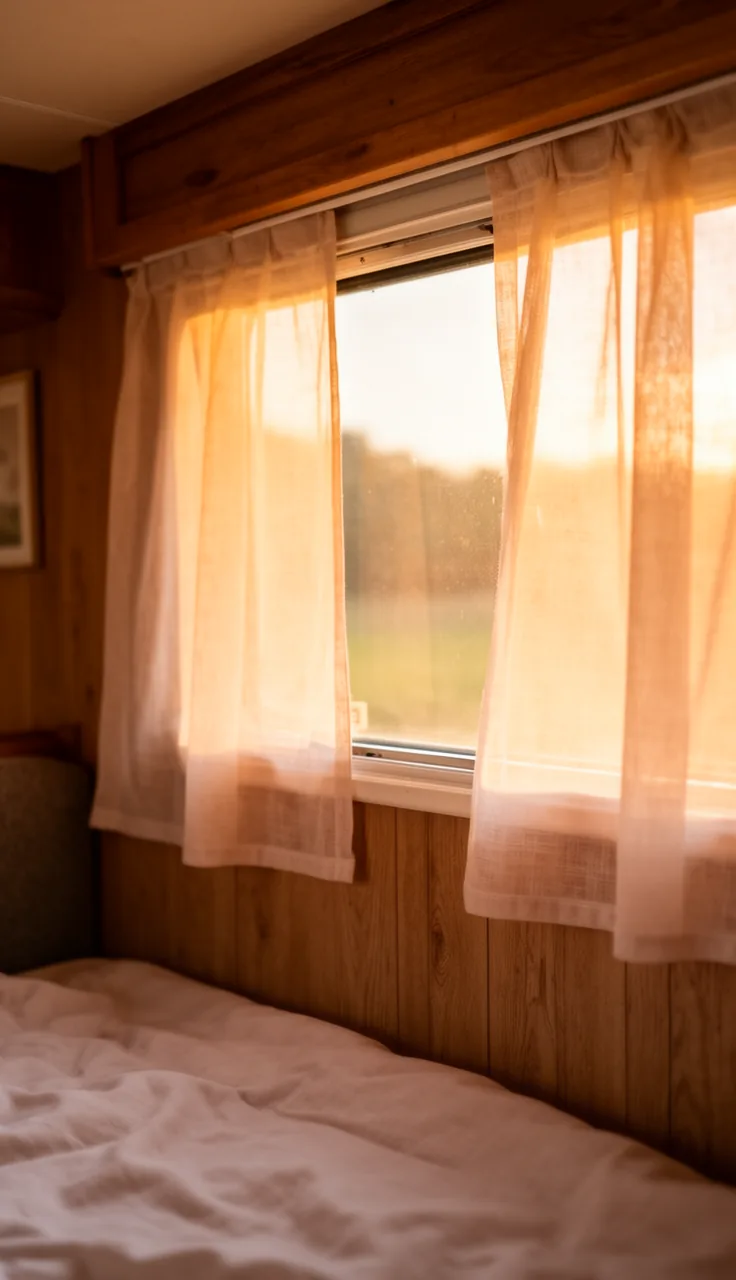 Airy sheer panels diffusing warm afternoon sun in a camper window