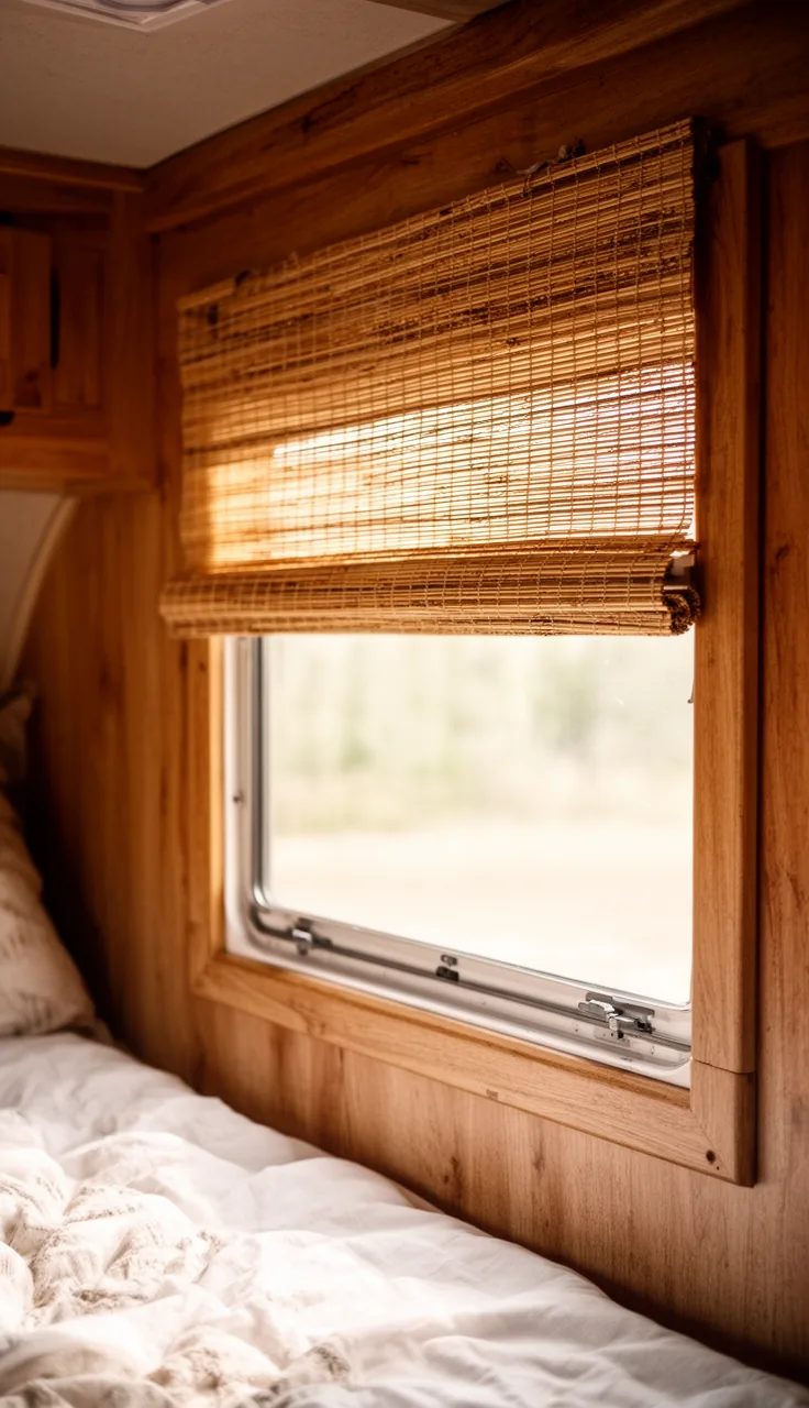 Woven bamboo roll-up shade adding warm natural texture to a camper window