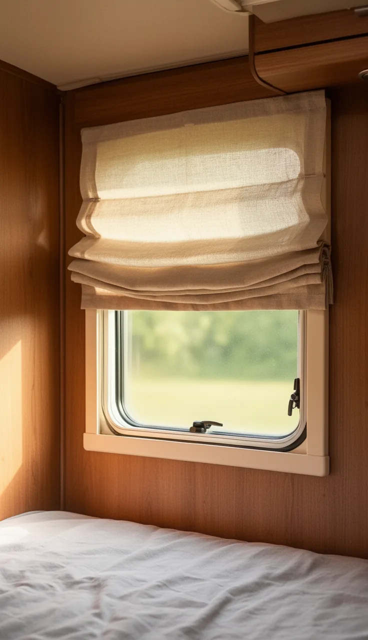Soft fabric roman shade with gentle folds giving a camper window a tailored homey feel
