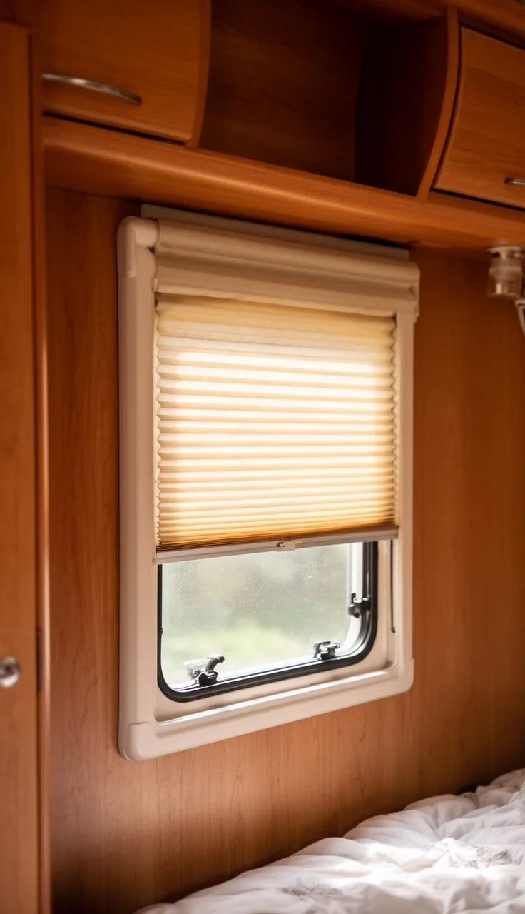 Slim pleated accordion shade as a lightweight covering on a small RV window