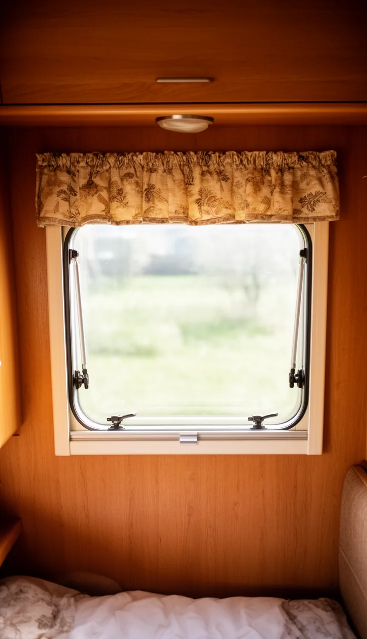 Short decorative valance across the top of a camper window for a quick refresh