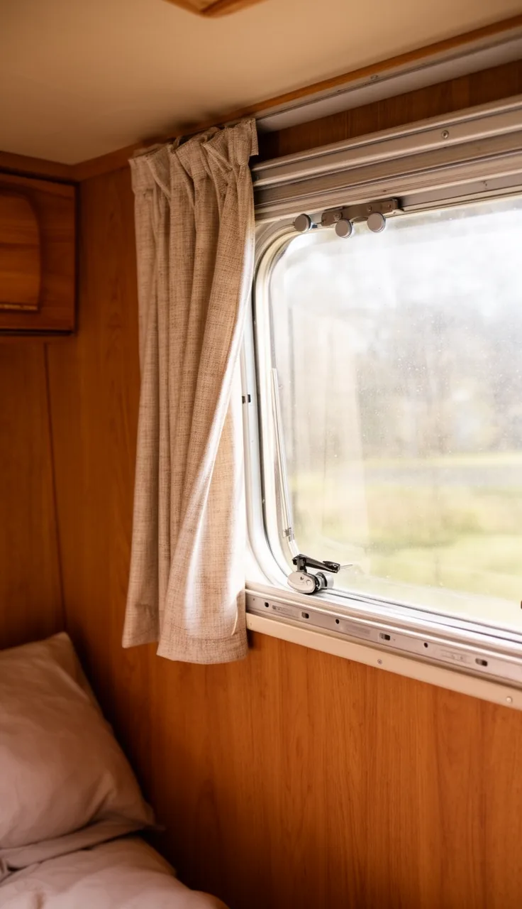 Small curtain held to a metal camper window frame with magnets for a no-drill install