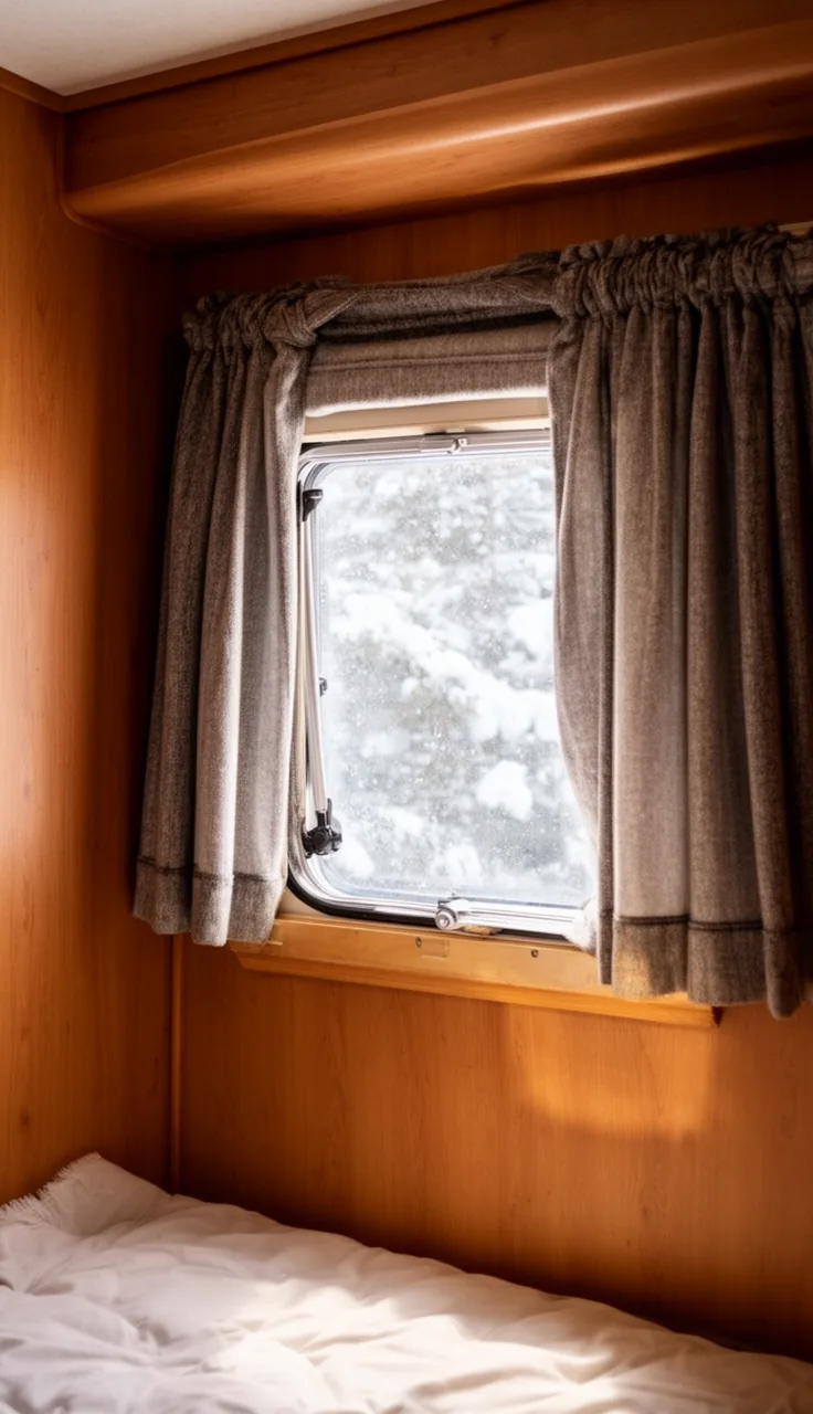 Thick thermal-lined curtains insulating a cozy camper window in cold weather