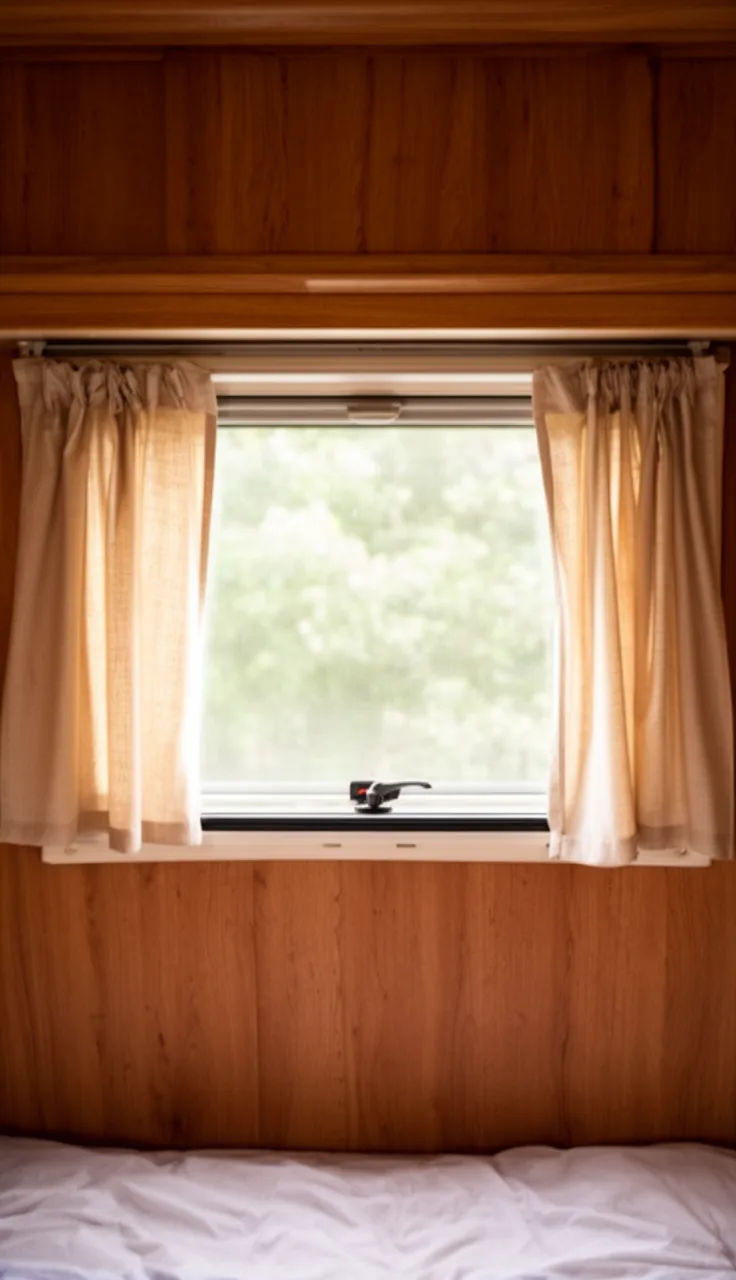 Simple curtains on a tension rod inside a camper window frame for renter-friendly style