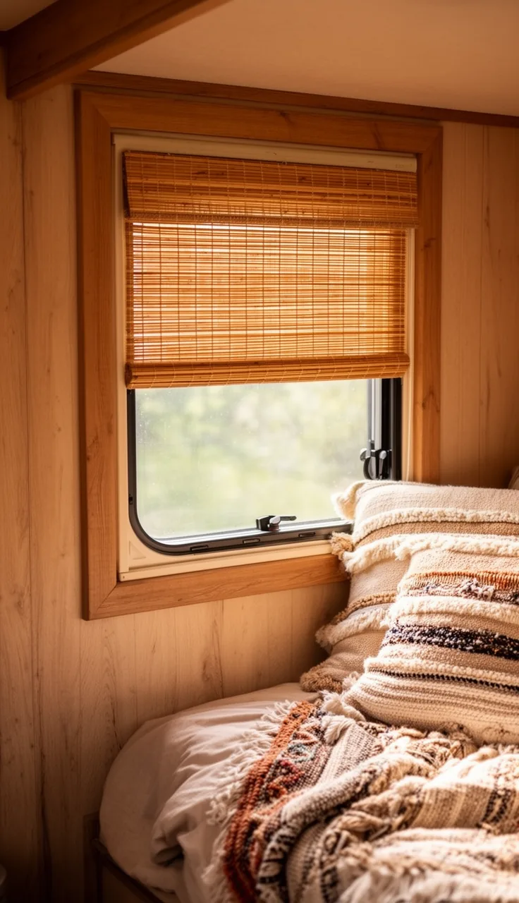 Natural woven wood blinds giving a camper window a warm boho feel