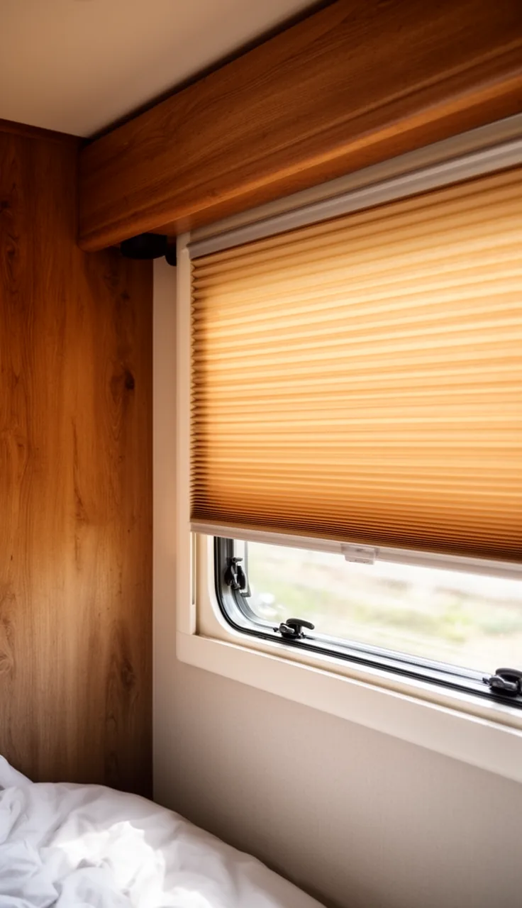Cordless honeycomb cellular shade on a camper window for safe simple use