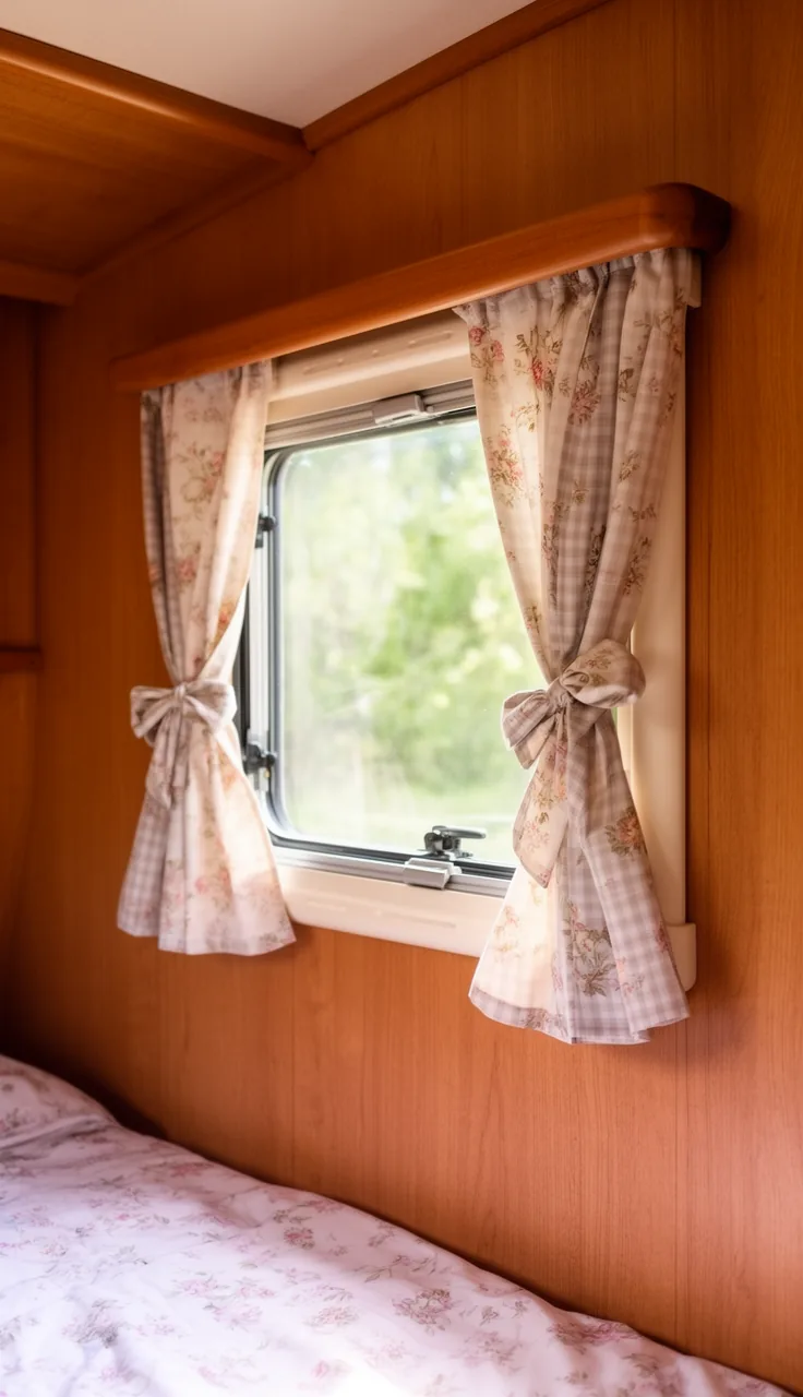 Tie-up curtains rolled and tied with soft bows on a camper window for cottage charm