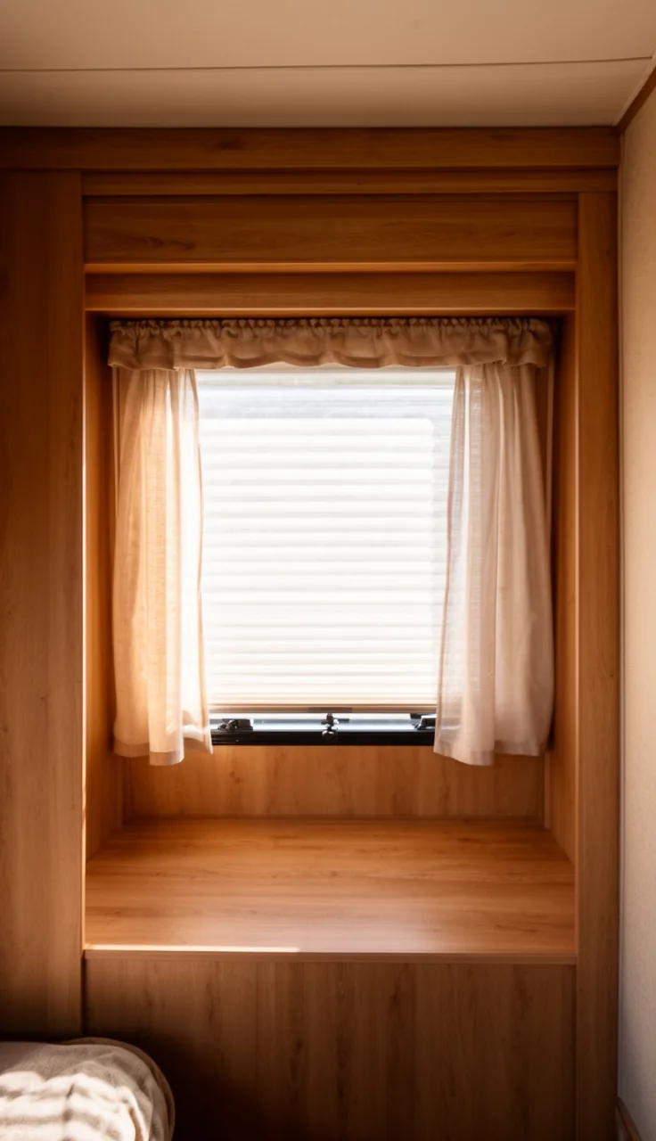 Camper window layered with a blind underneath and a soft curtain over it for full control