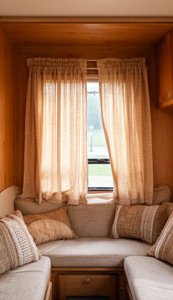 Camper window curtains coordinated with the throw pillows on the bench below