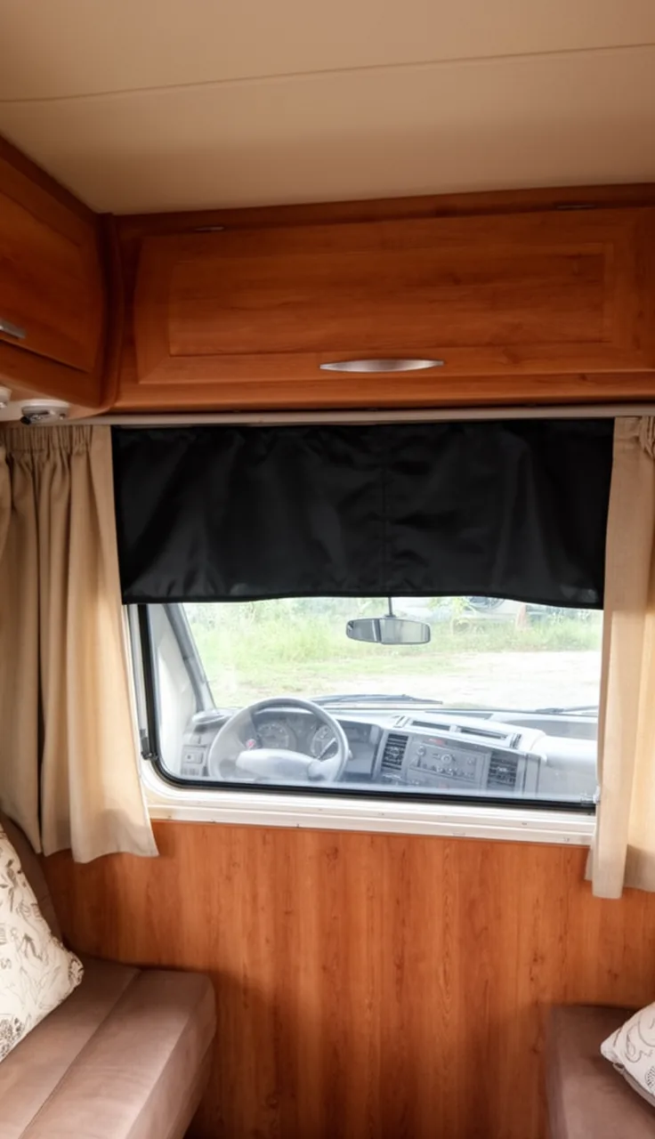 Snap-on curtains covering the front cab windows of a camper for privacy