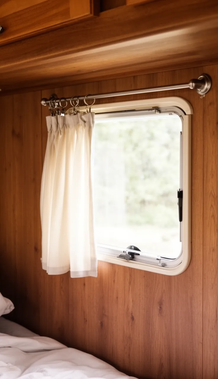 Cafe rod with metal clip rings holding a simple panel on a camper window for a farmhouse look