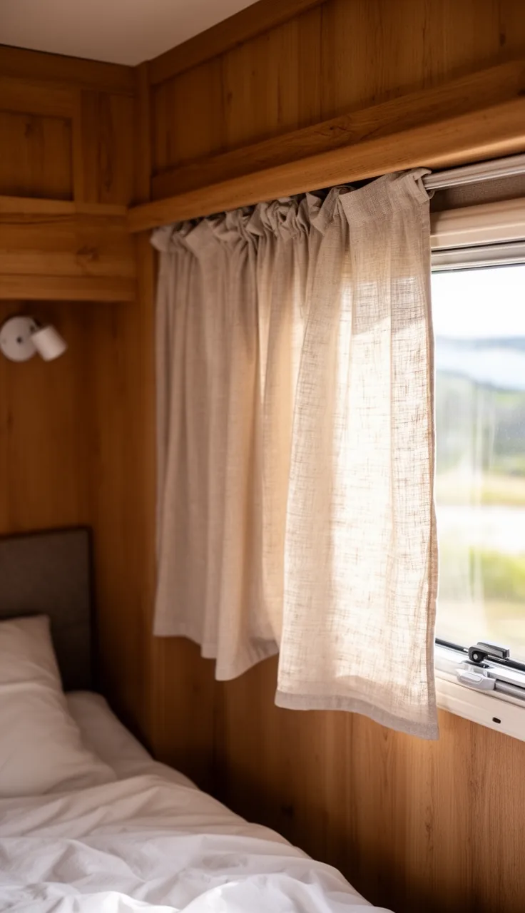Relaxed linen curtains with a soft rumpled texture giving a camper window an airy coastal vibe