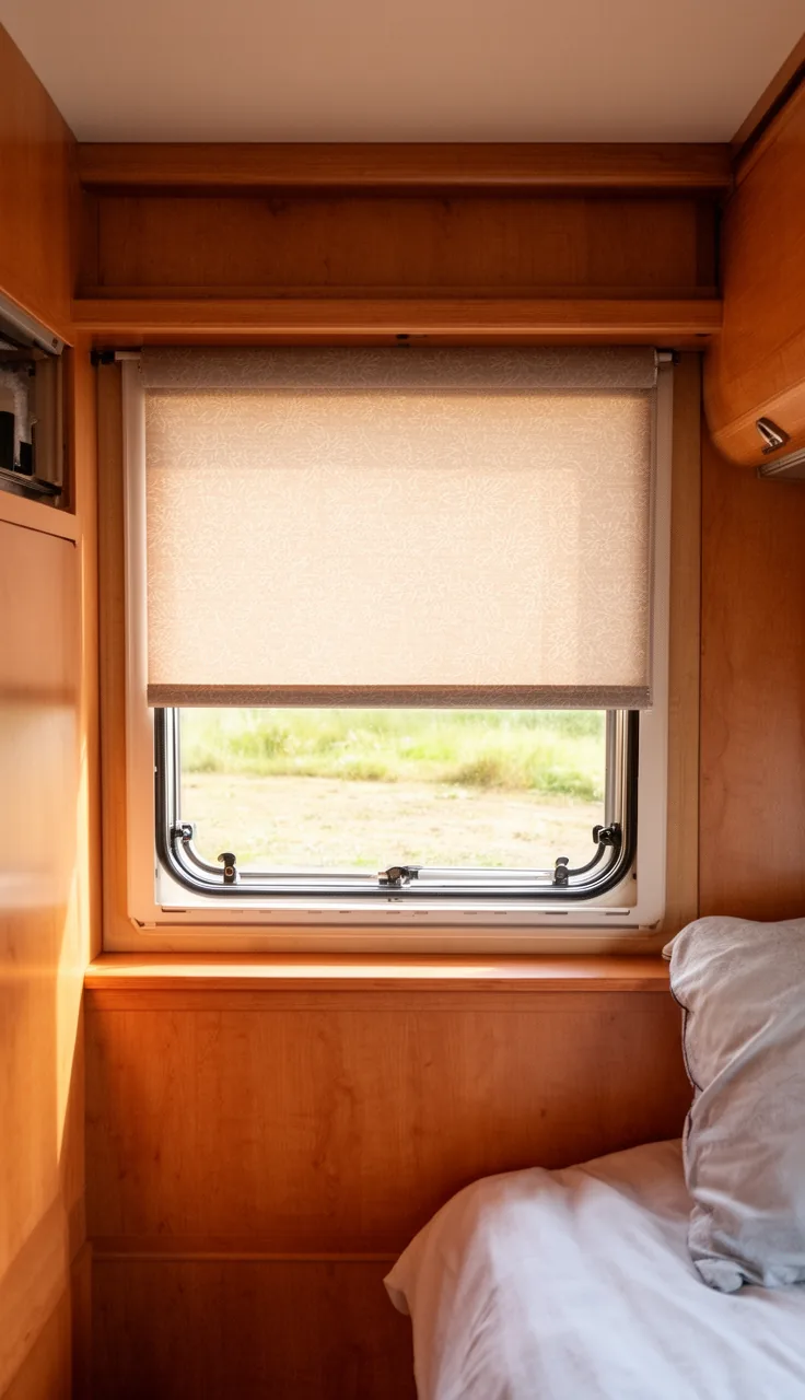 Patterned roller shade adding personality and color to a camper window